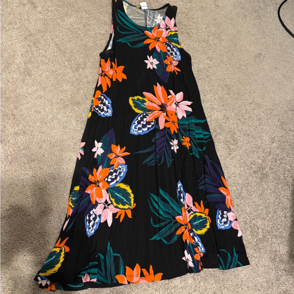 Old Navy Black Floral Maxi Dress with Orange & Pink Accents